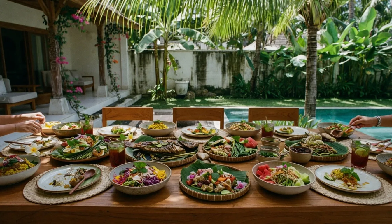 Balanced plant-forward lunch plates for a Bali yoga retreat with grains, vegetables and fresh herbs