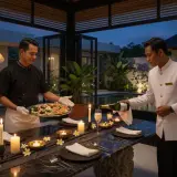 Private chef plating a fresh seafood dinner at a Padang Padang villa with ocean views