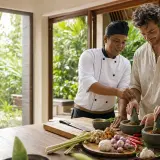 Private chef serving a Balinese feast at a Sidemen valley villa with Mount Agung views