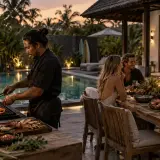 Balinese chef preparing poolside brunch at a modern Canggu villa with rice field views