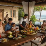 Private chef setting a family dinner table at a Sanur villa