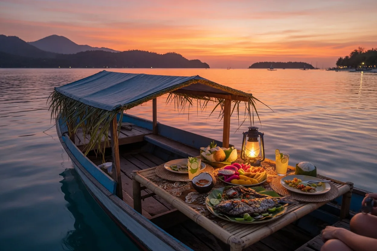 Dinner set on a boat between Lombok and the Gili islands at sunset