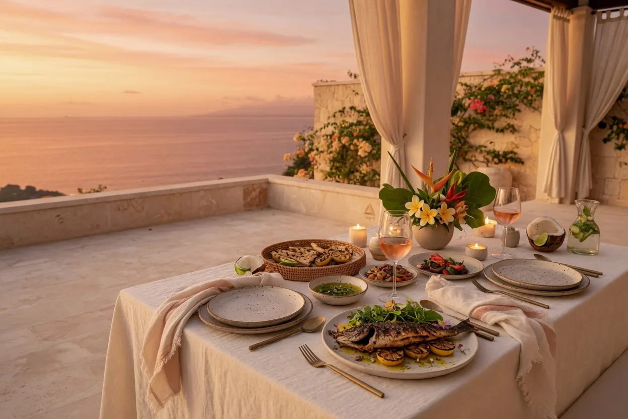 Fruit, coconut and grain bowls set for a Lombok retreat breakfast