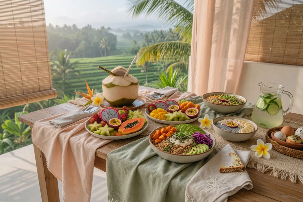 Sasak dishes including grilled chicken and satay on a Lombok villa table