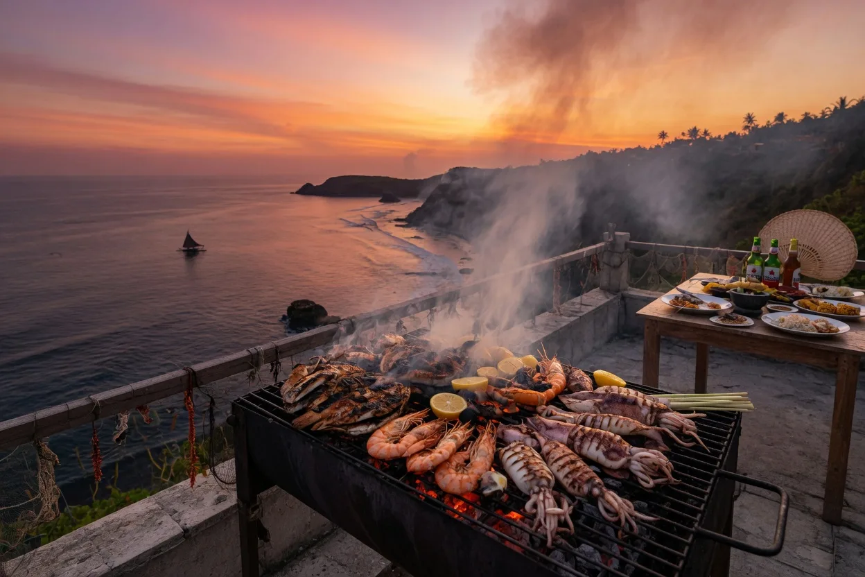 Private chef dinner set on a Lombok villa terrace above the coast