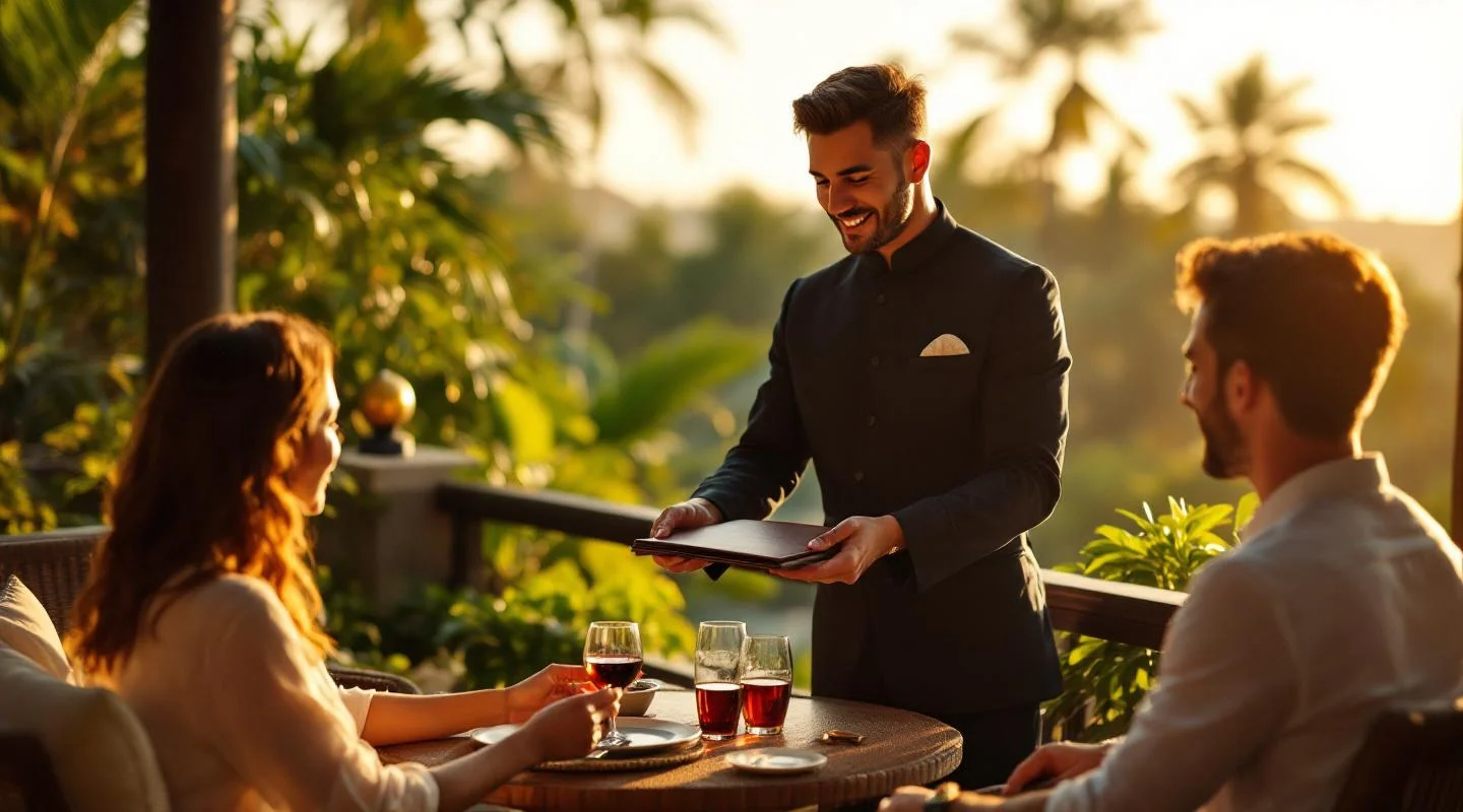 Private villa dinner service in Bali — host attending to guests at a candlelit table