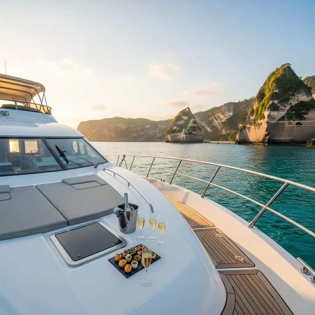 Champagne and canapés on the deck of a myCHEF charter yacht off the Nusa Penida cliffs, Bali