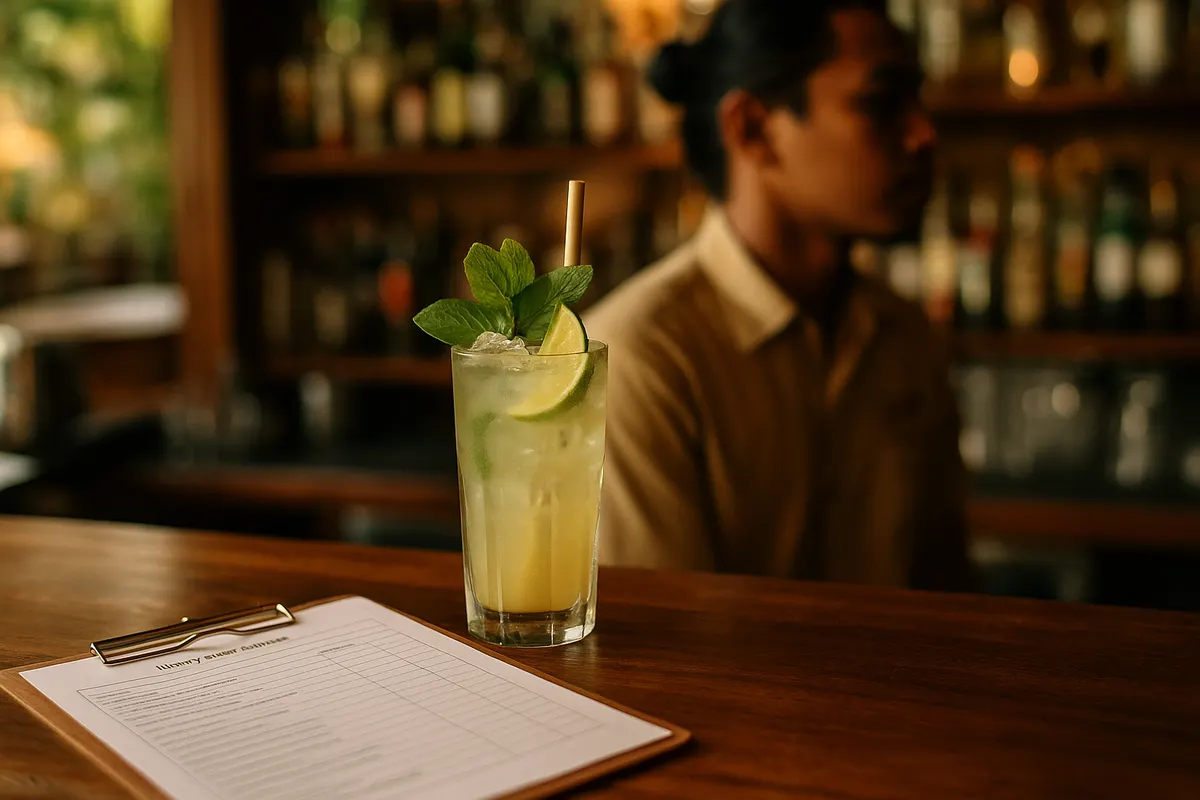 MyChef auditor reviewing bar inventory records and label-edar stickers at a Bali venue