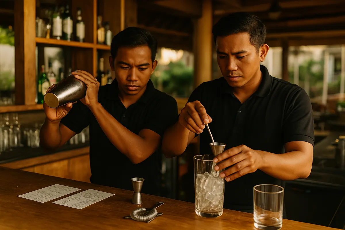 Indonesian bartenders practising measured pours during a MyChef training session in Bali