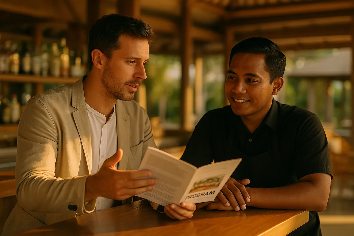 MyChef bar consultant discussing a Bali venue programme with a bar manager