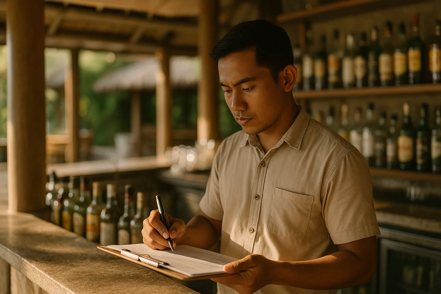 Auditor reviewing bar inventory records at a Bali venue