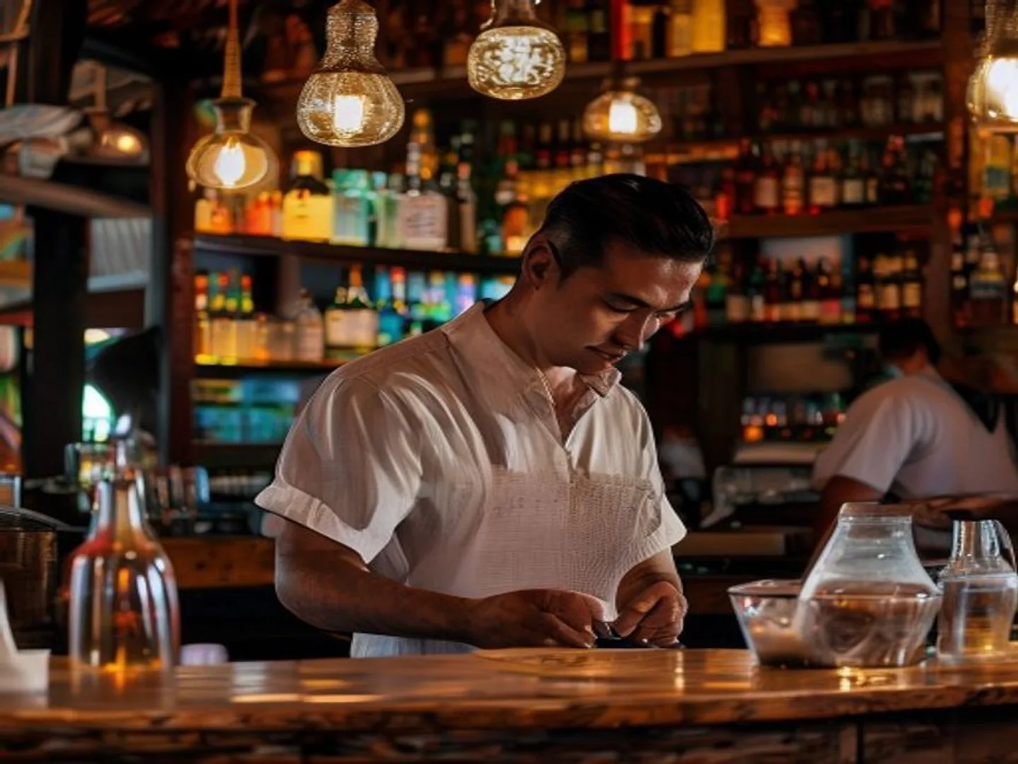 Bar manager reviewing costing cards and par levels at a Bali bar