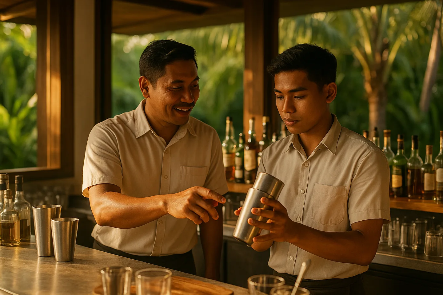 Indonesian bartender training staff behind a villa bar in Bali