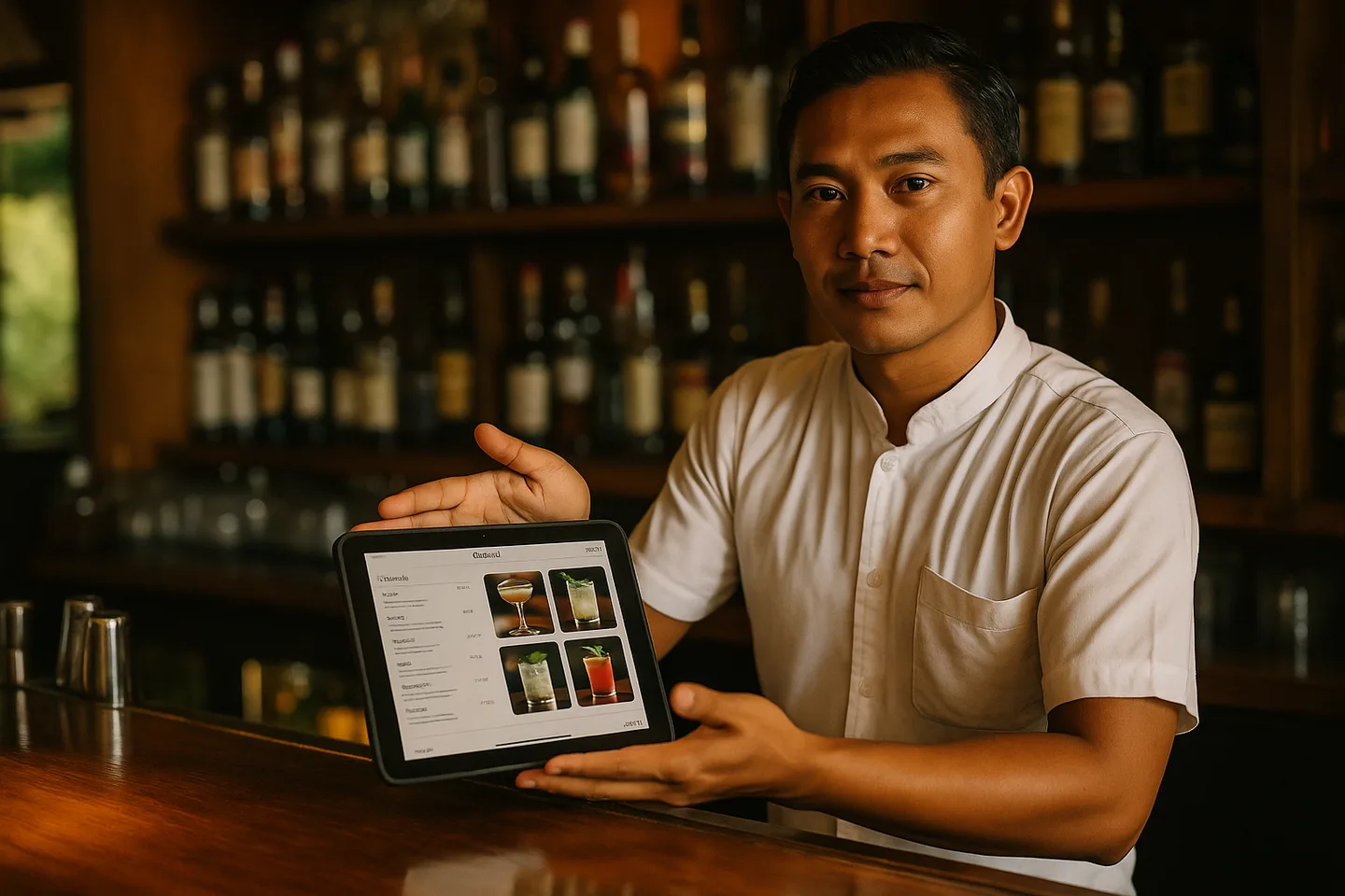 Bali bartender presenting a costed cocktail menu on a venue tablet