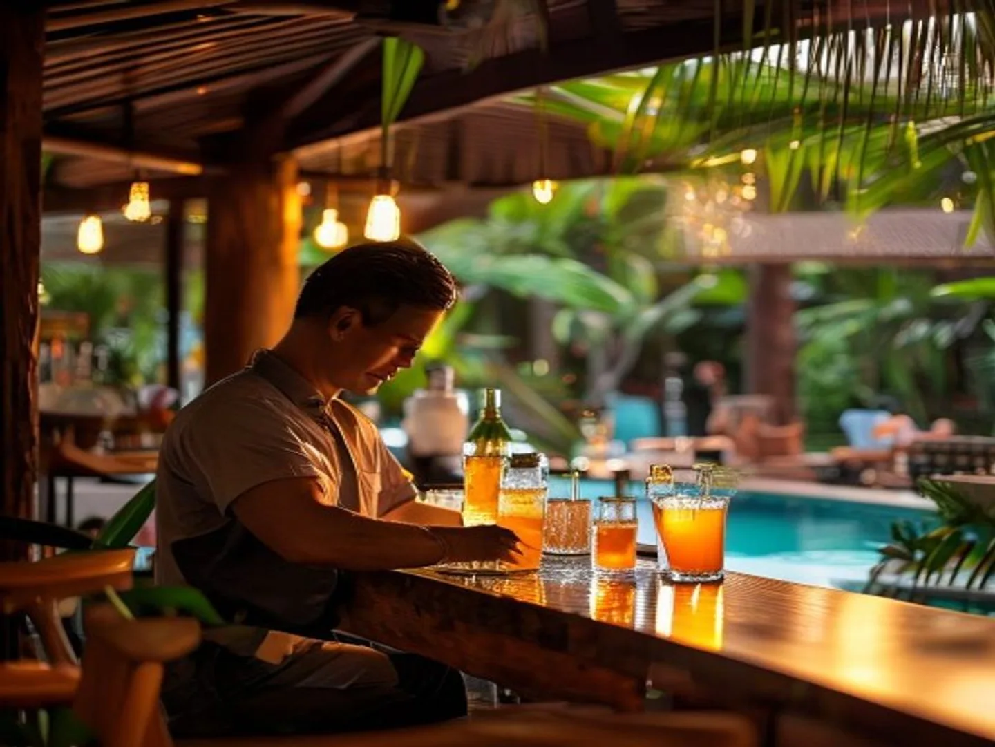 Bali villa bar setup with professional bartender preparing drinks at golden hour