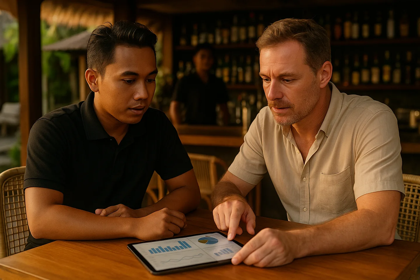 MyChef bar manager reviewing KPIs with a Bali venue owner