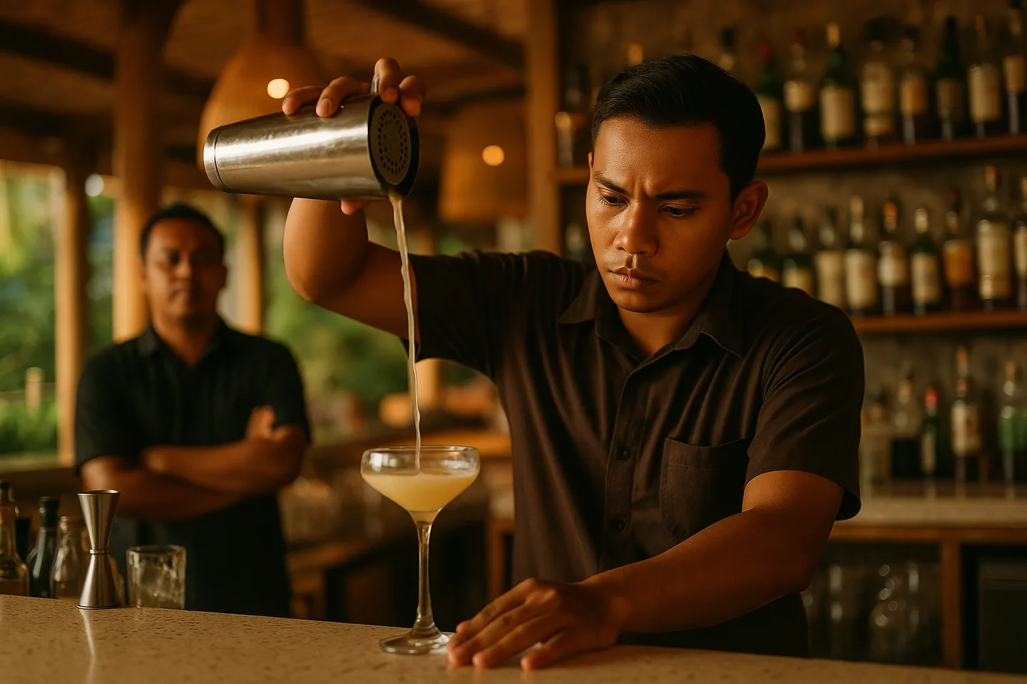 Bali bartender completing a practical trial behind a venue bar