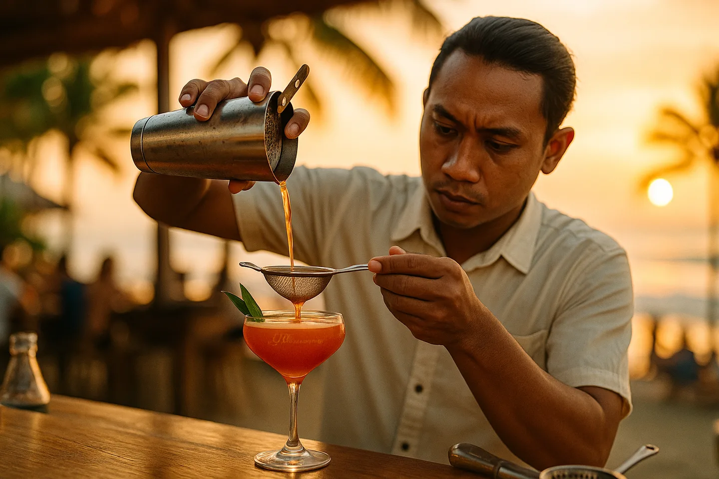 A named signature cocktail being poured at a Bali beach club bar