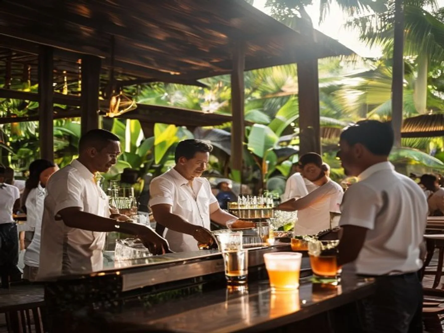 Uniformed MyChef bartenders setting up a Bali event bar