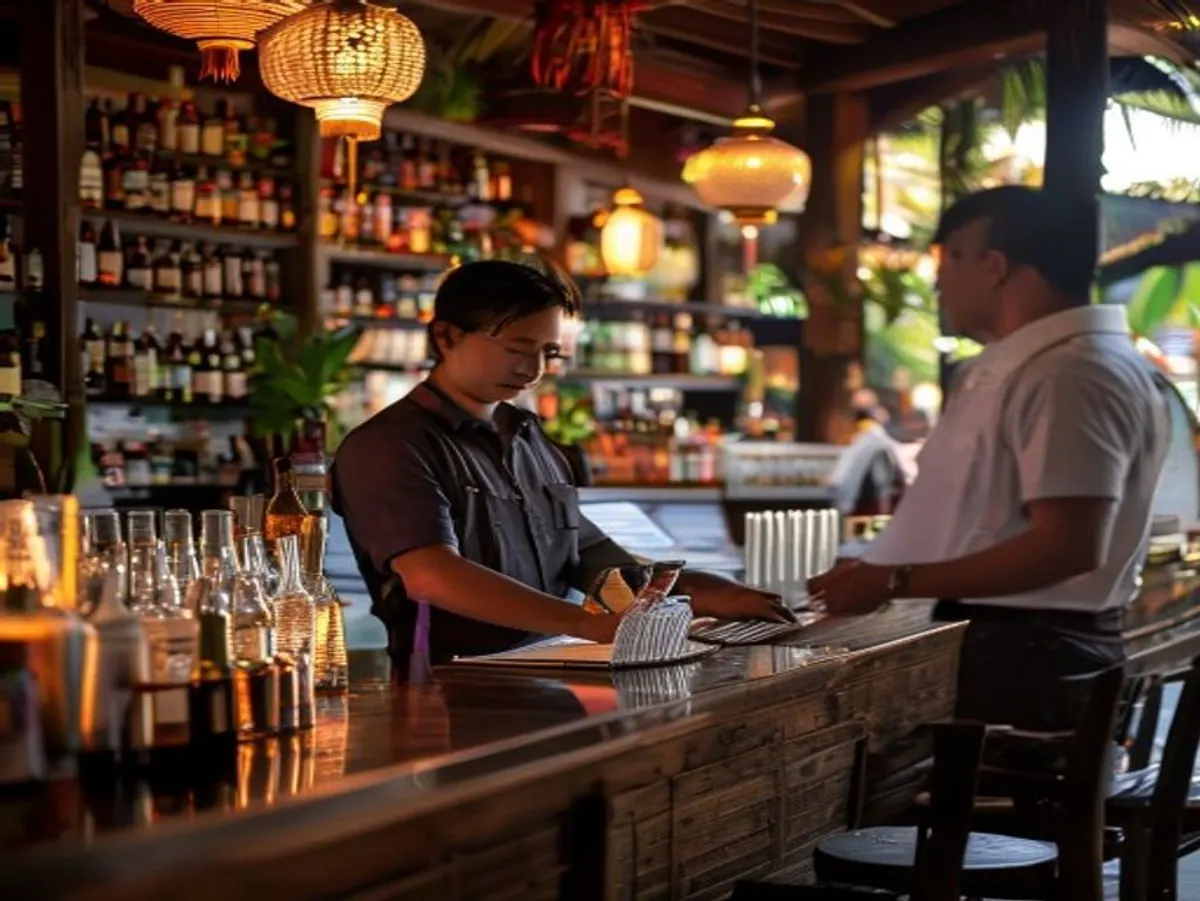 MyChef bar manager reviewing KPIs with a Bali venue owner over a one-page report