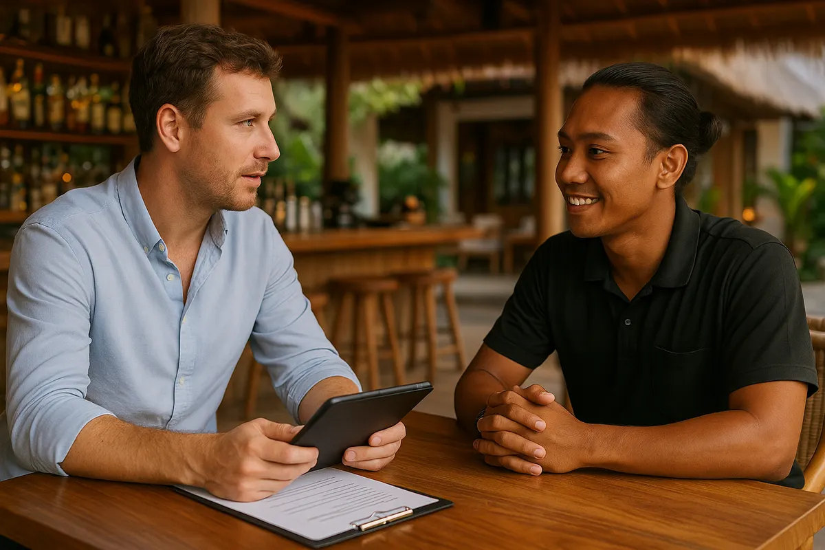 Bar manager reviewing rosters with a MyChef consultant