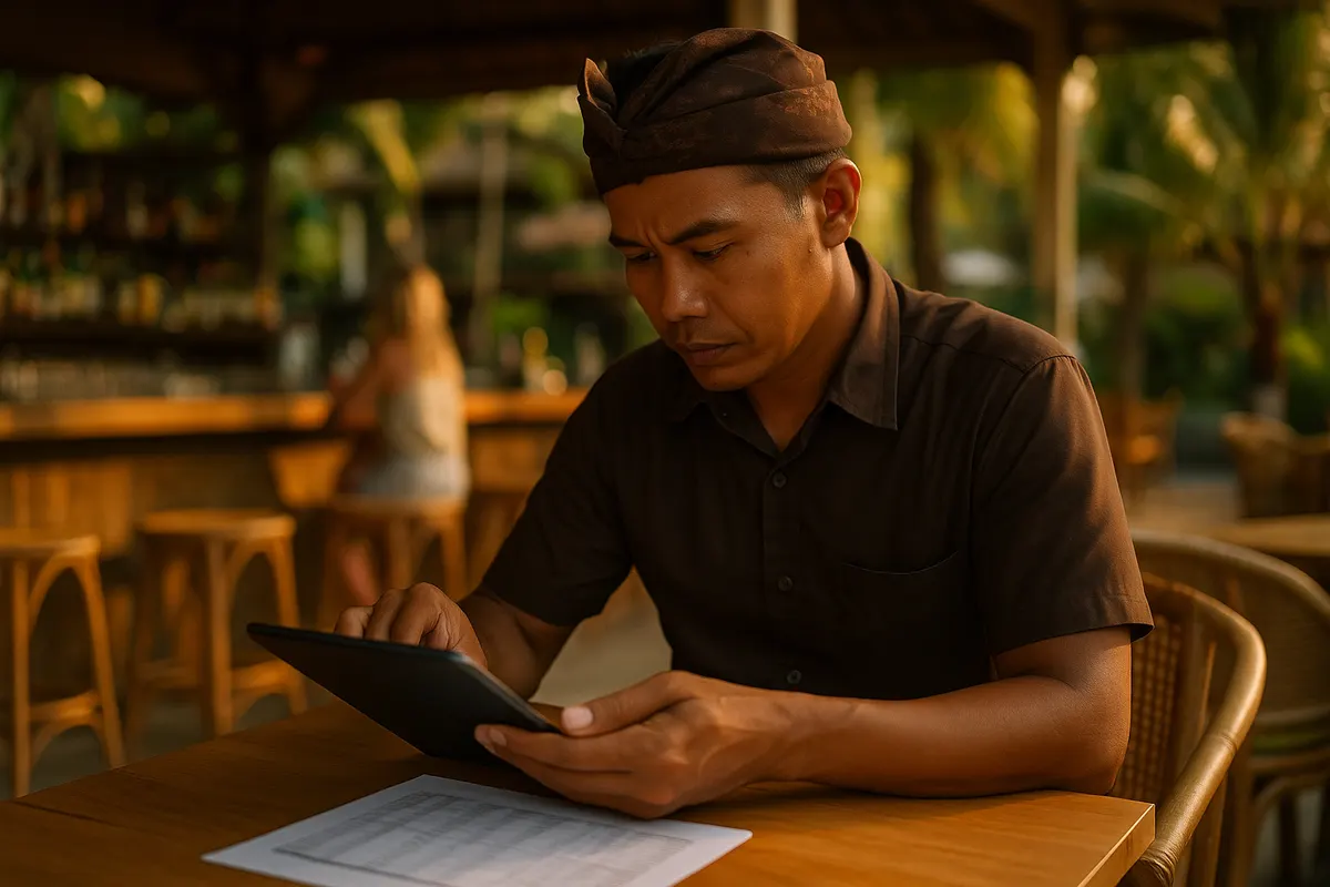 Bali bar manager reviewing rosters and salary benchmarks on a tablet
