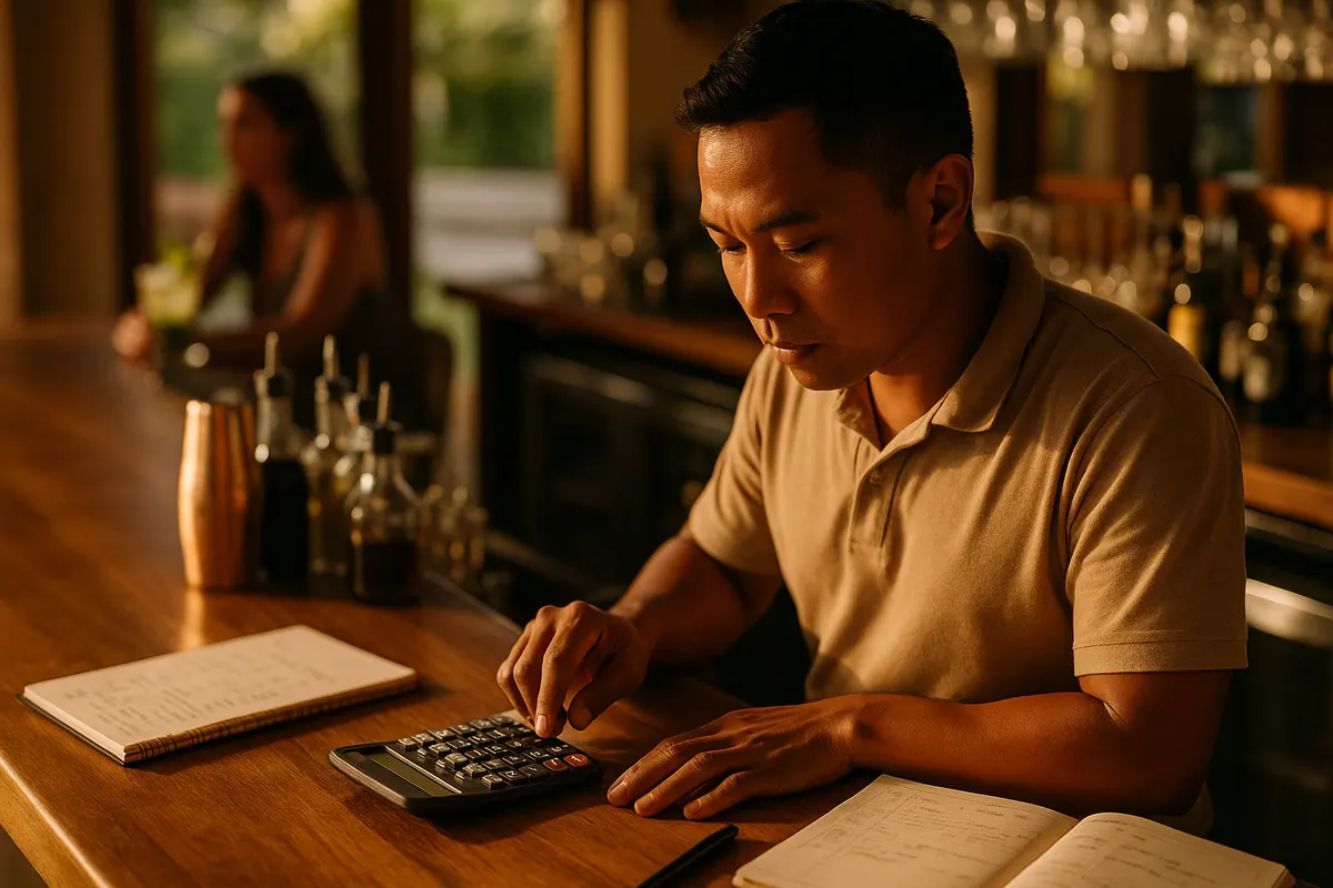 Costing sheets and a calculator spread across a Bali bar counter while reviewing beverage cost percentages