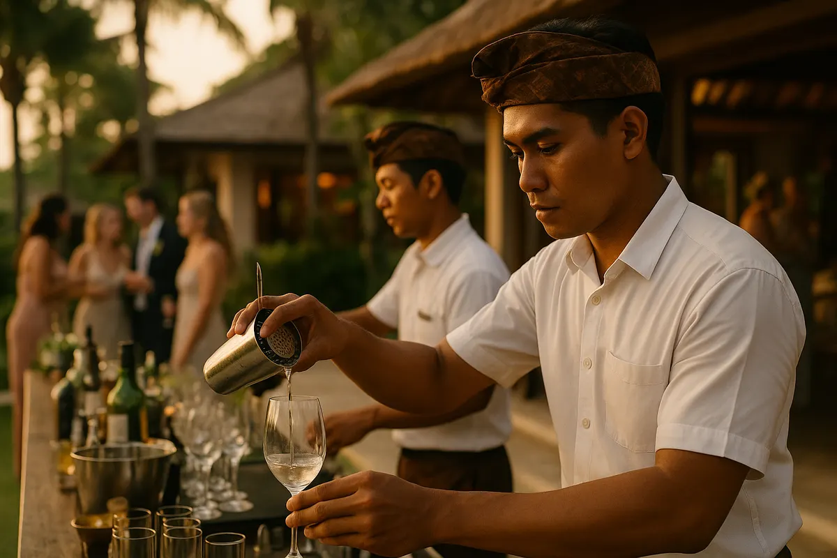 Event bartenders serving guests at a Bali villa wedding reception