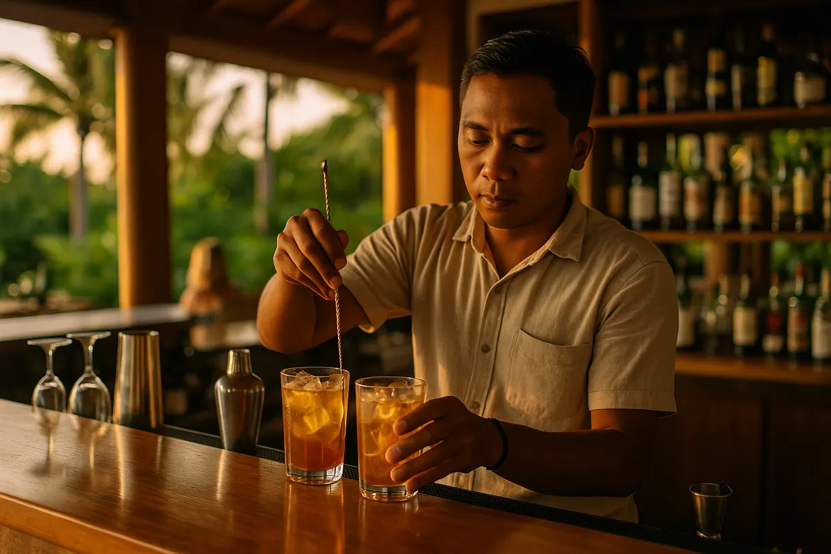 Indonesian bartender preparing drinks at a Bali villa bar