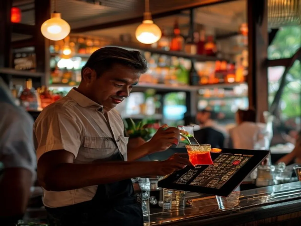 Bali bartender presenting a costed cocktail menu on a venue tablet