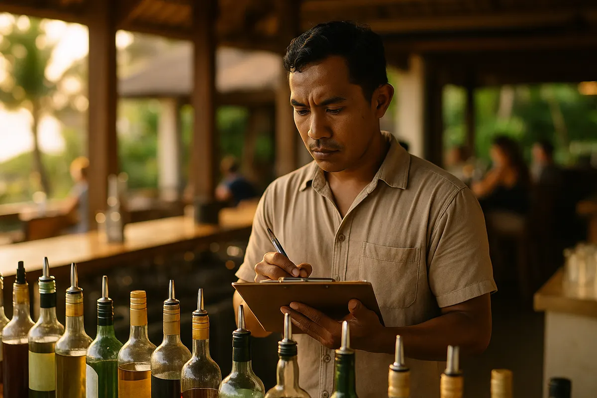 Bar manager checking stock variance after a busy service in Bali