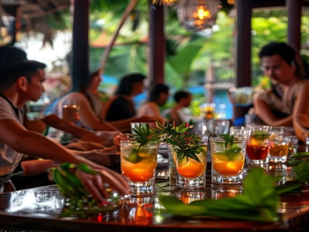 Bespoke signature cocktail being garnished for a Bali beach club tasting panel