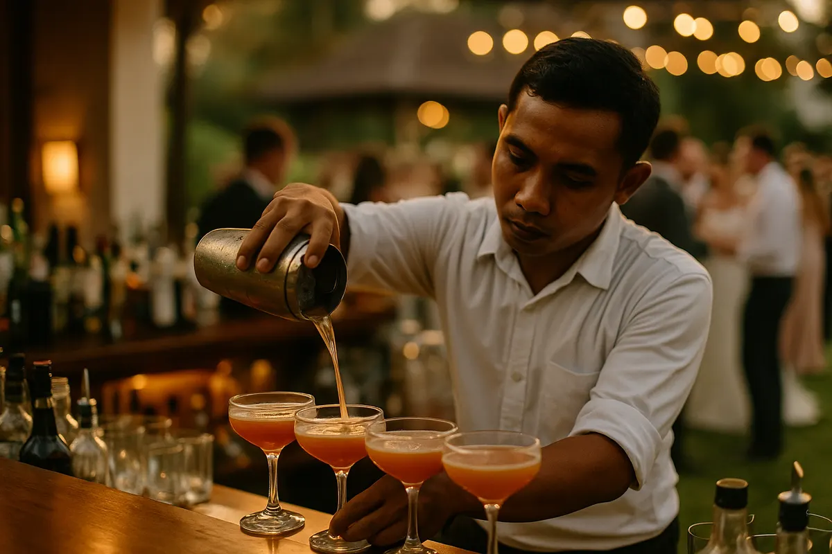 Uniformed MyChef bartenders setting up an event bar before a Bali wedding