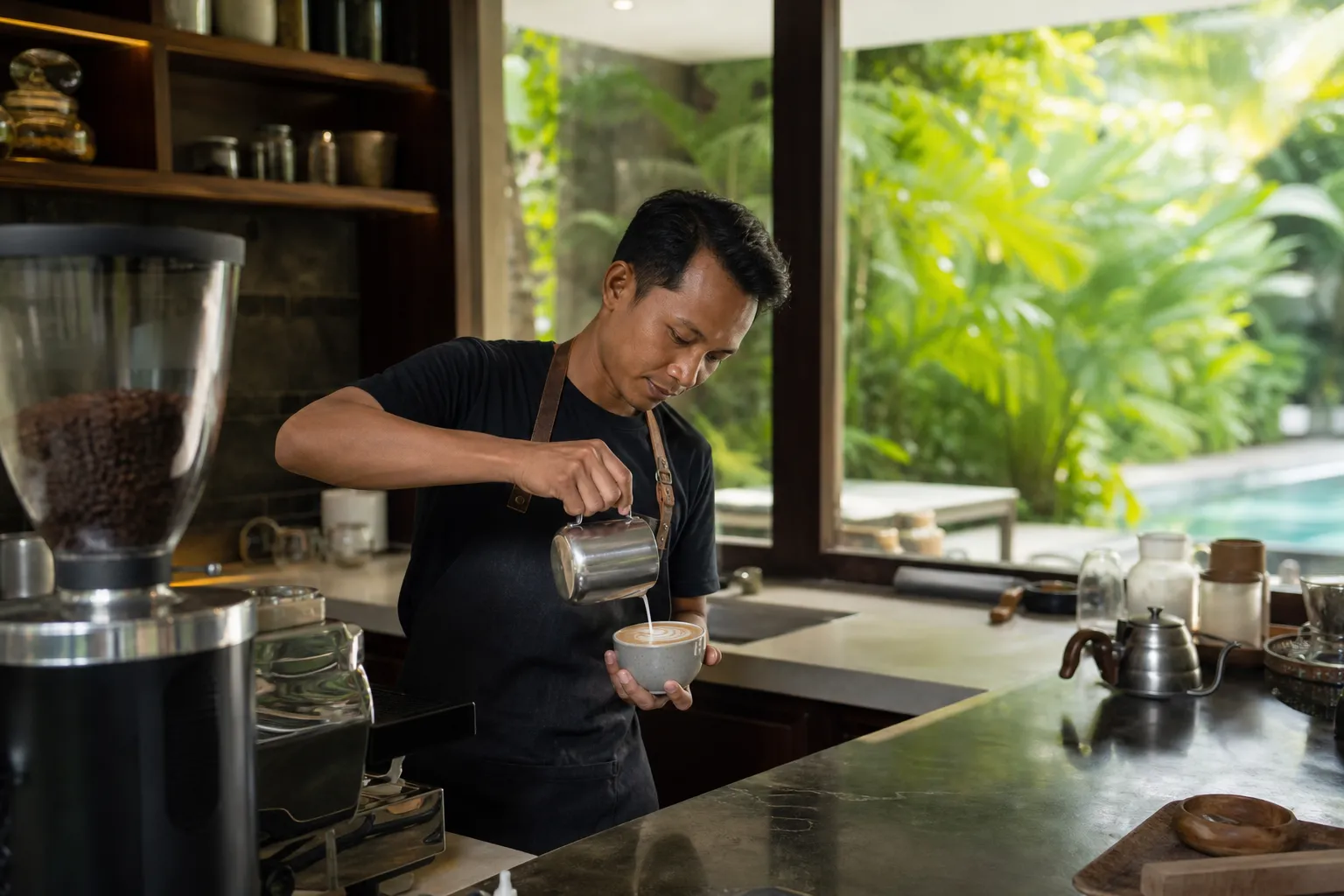 Indonesian barista pouring a flat white at a Bali villa coffee station