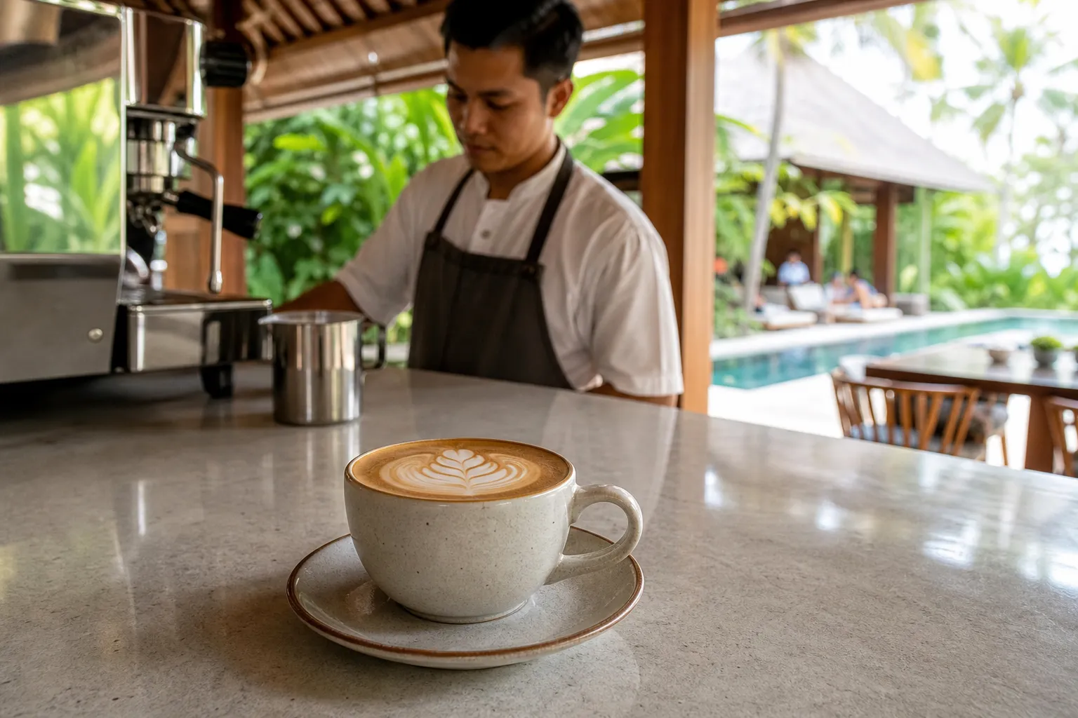 Close-up latte art poured at a private villa espresso station in Bali