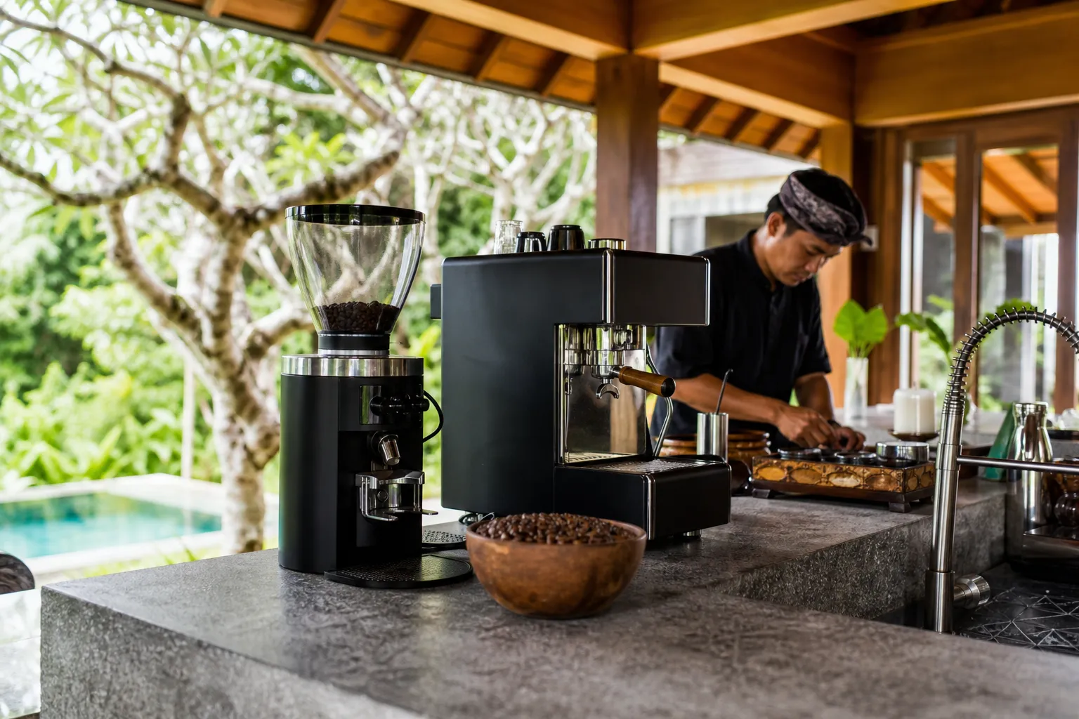 Compact espresso machine set on a Bali villa kitchen counter at morning light