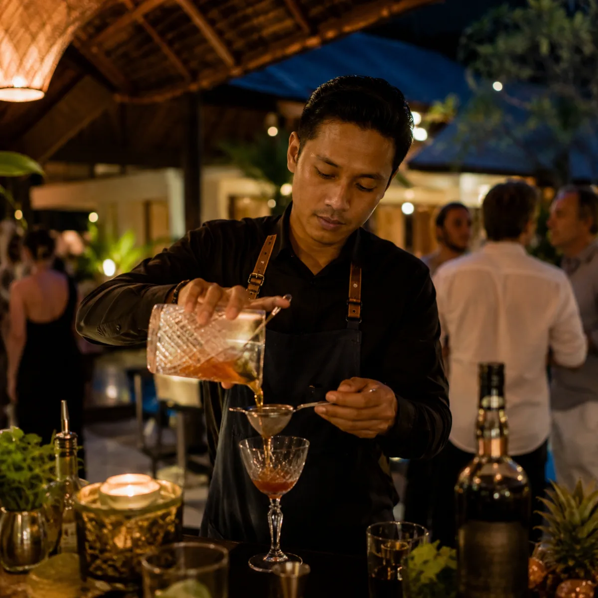 Balinese bartender pouring a cocktail at a Bali villa party