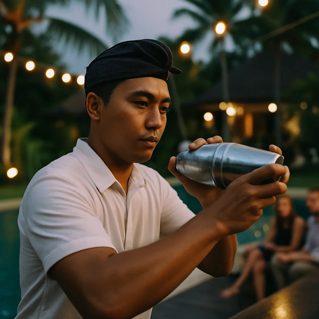 Balinese bartender shaking drinks at a poolside villa bar at dusk