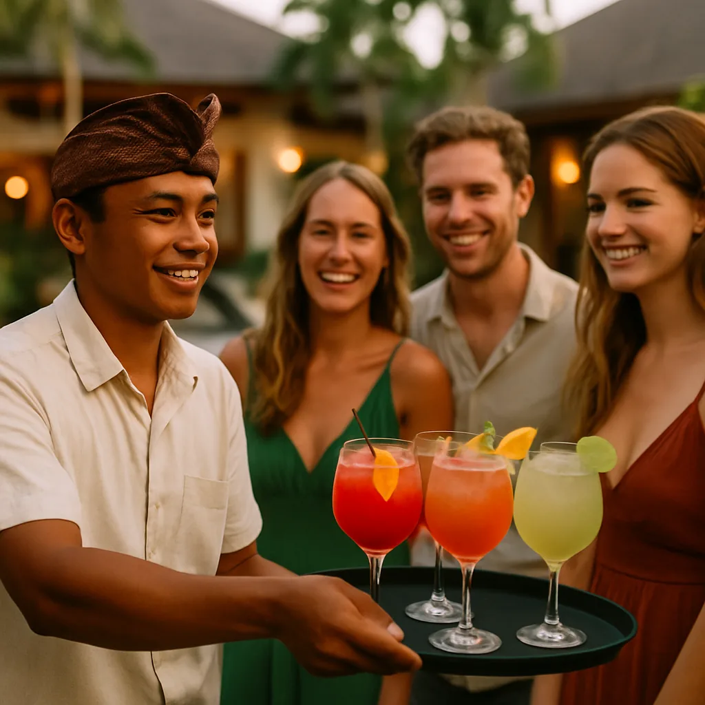 Balinese bartender serving cocktails to guests at a Bali villa event