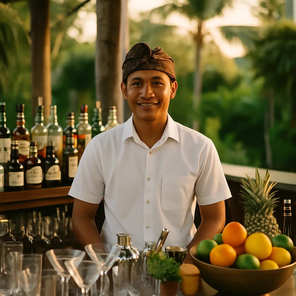 Balinese bartender with a full premium bar setup at golden hour