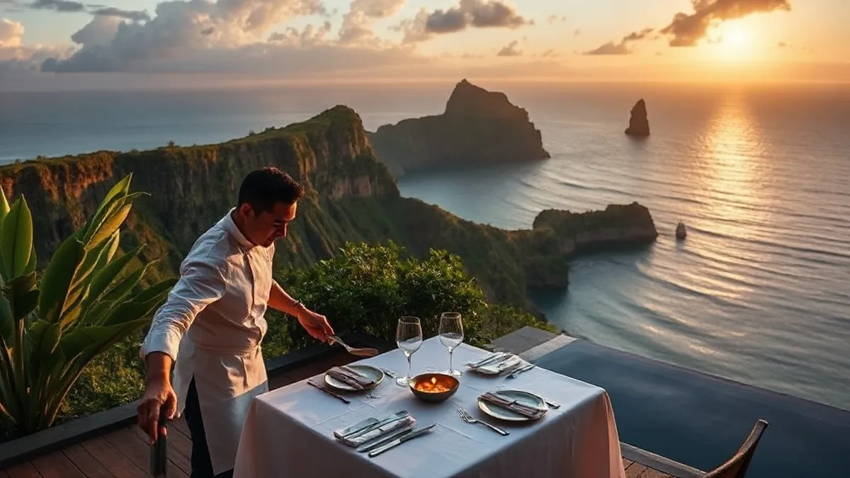 Private chef serving elegant dinner on clifftop terrace overlooking Indian Ocean in Uluwatu Bali