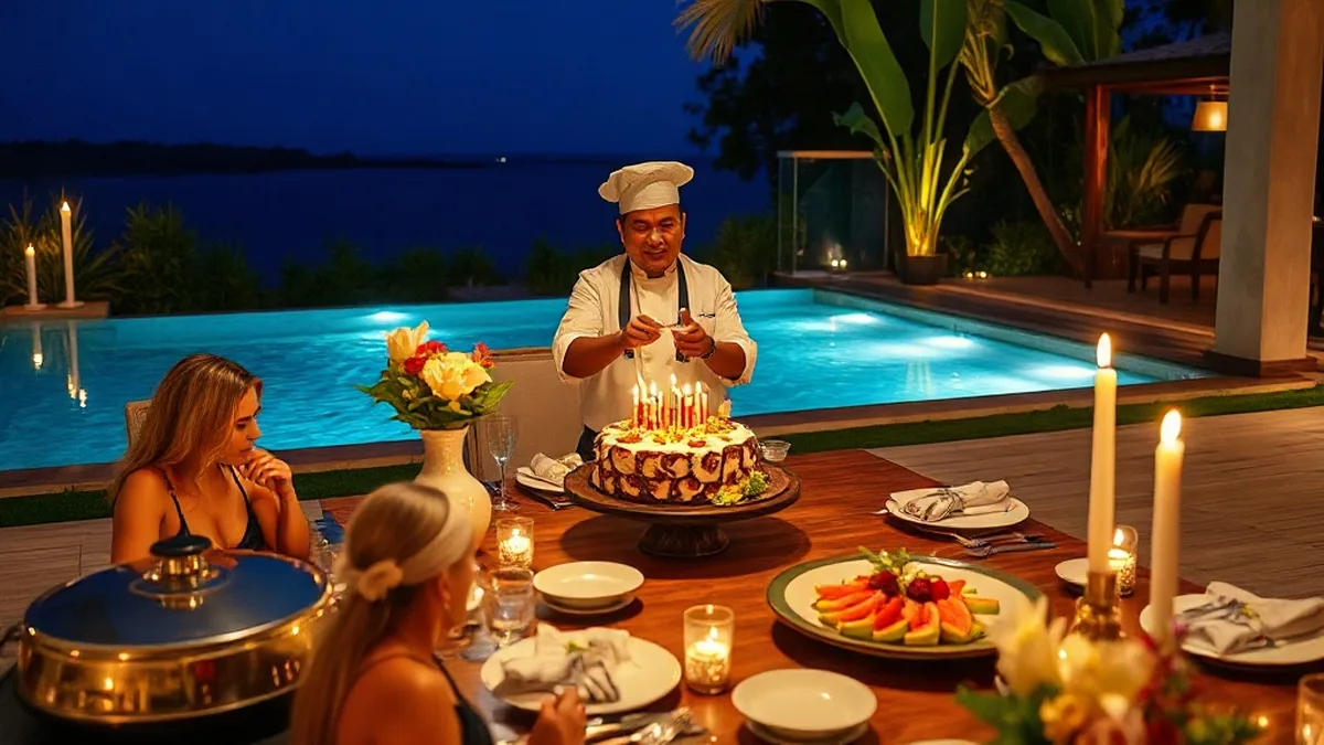 Private chef presenting elegant birthday celebration dinner at a luxury Bali villa pool terrace