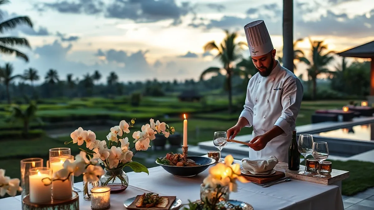 Private chef elegantly serving a multi-course wedding dinner at a luxury Bali villa