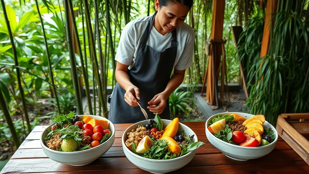 Balinese chef preparing vibrant plant-based wellness meals for yoga retreat in Ubud