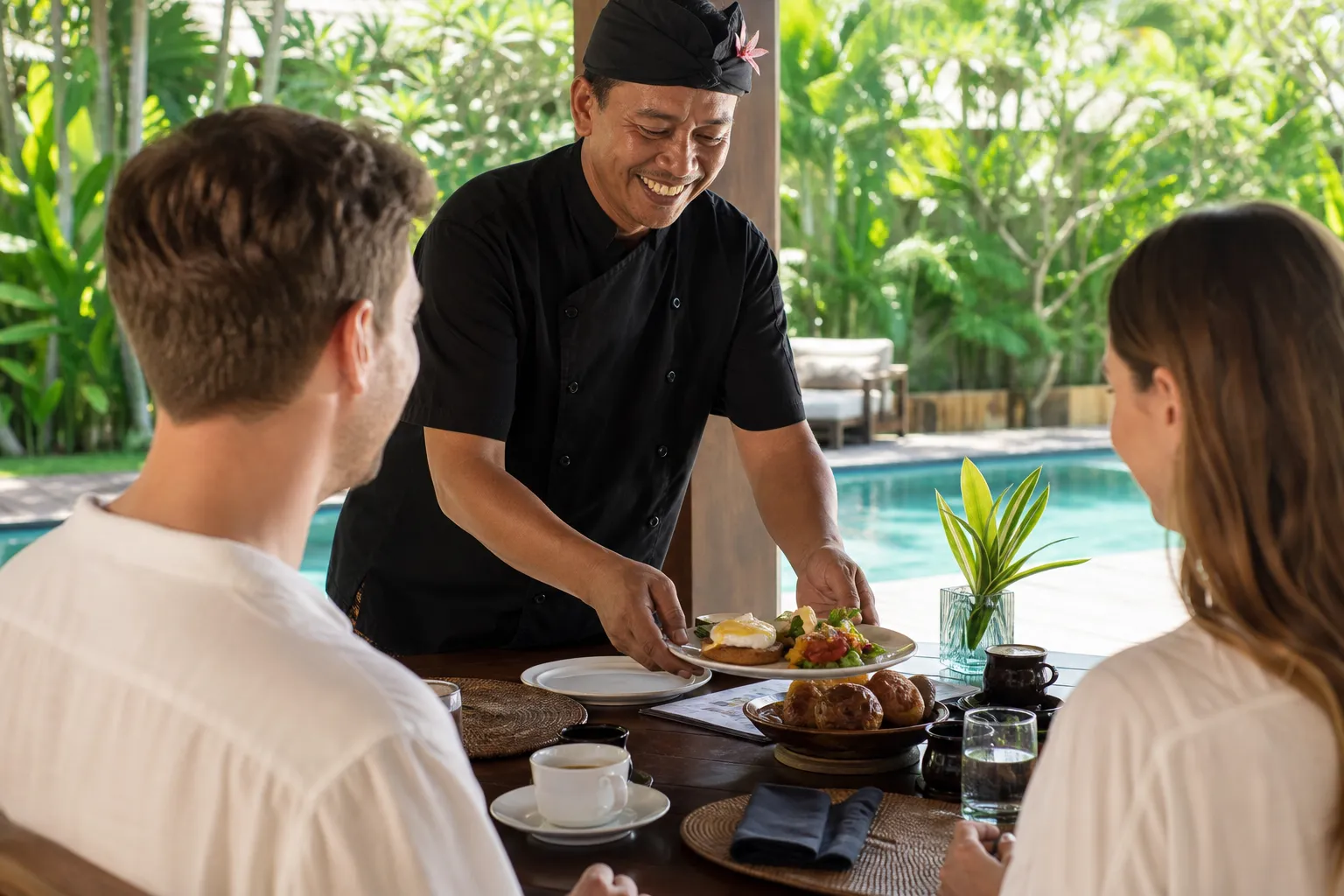 Chef serving a cooked breakfast at a Bali villa terrace table in morning light