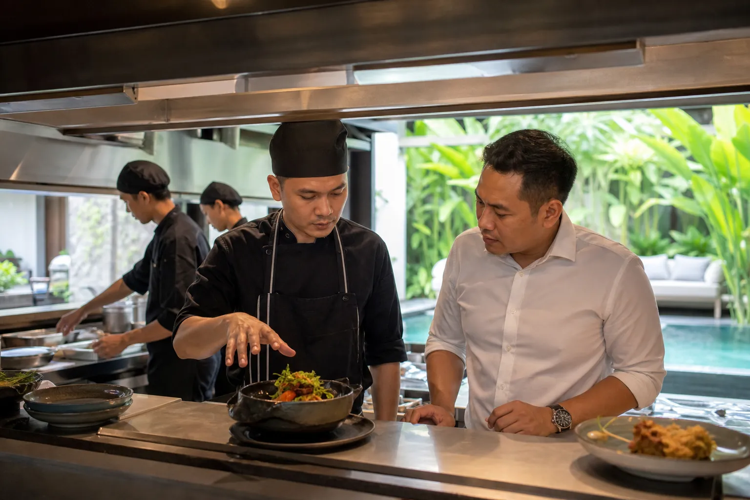 Indonesian chef and manager reviewing a Bali restaurant kitchen service line