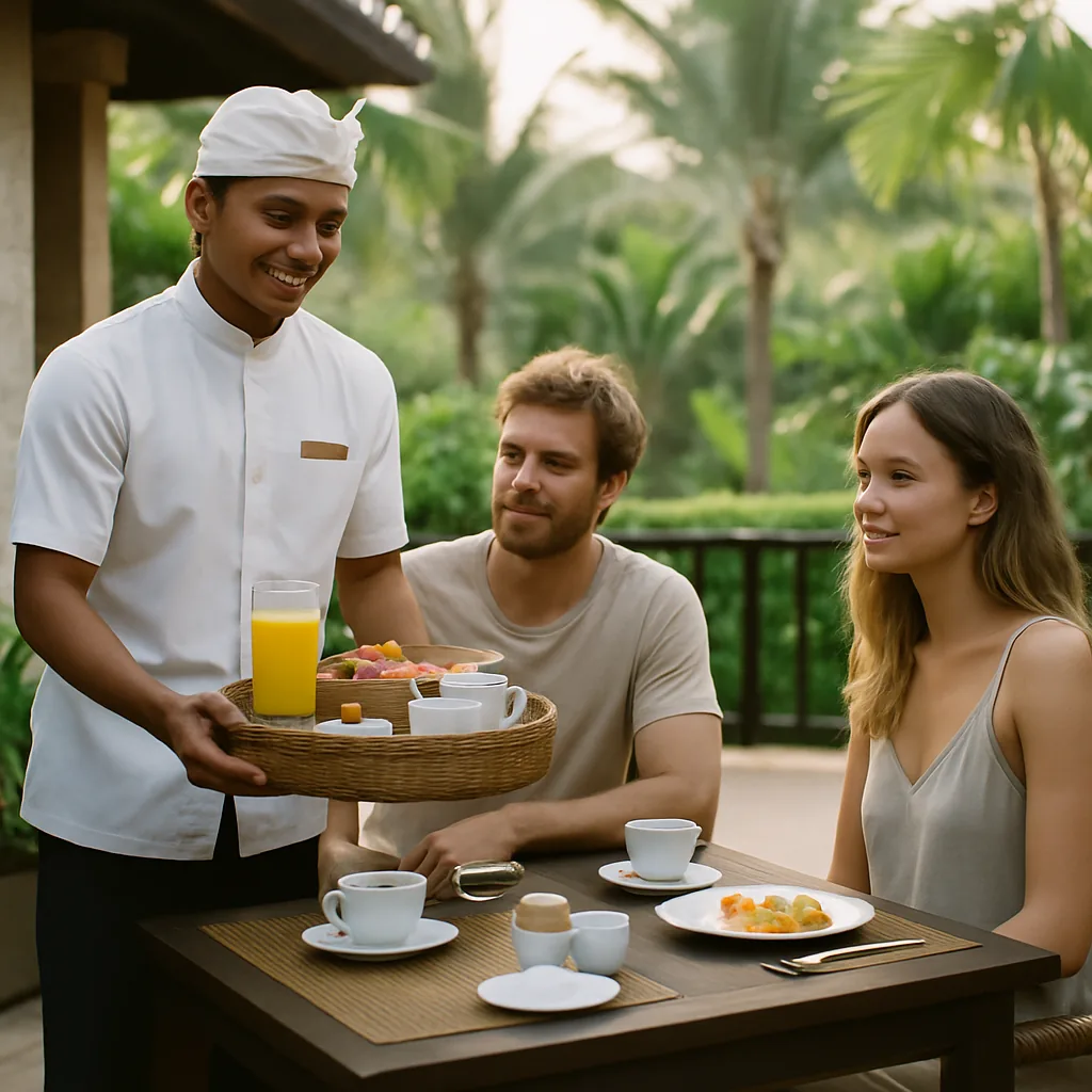 Balinese butler serving breakfast on a Bali villa terrace