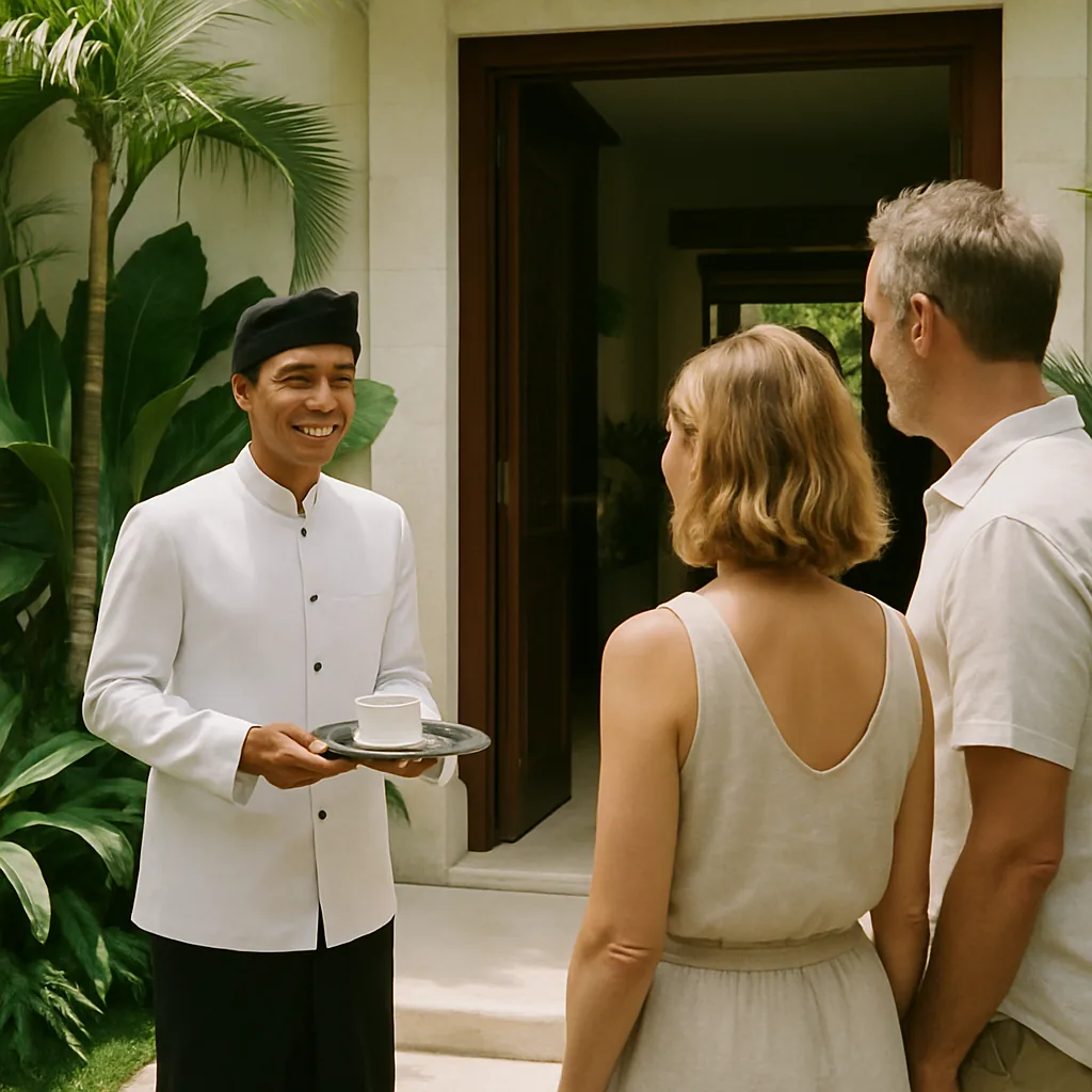 Balinese butler welcoming guests at a luxury Bali villa entrance