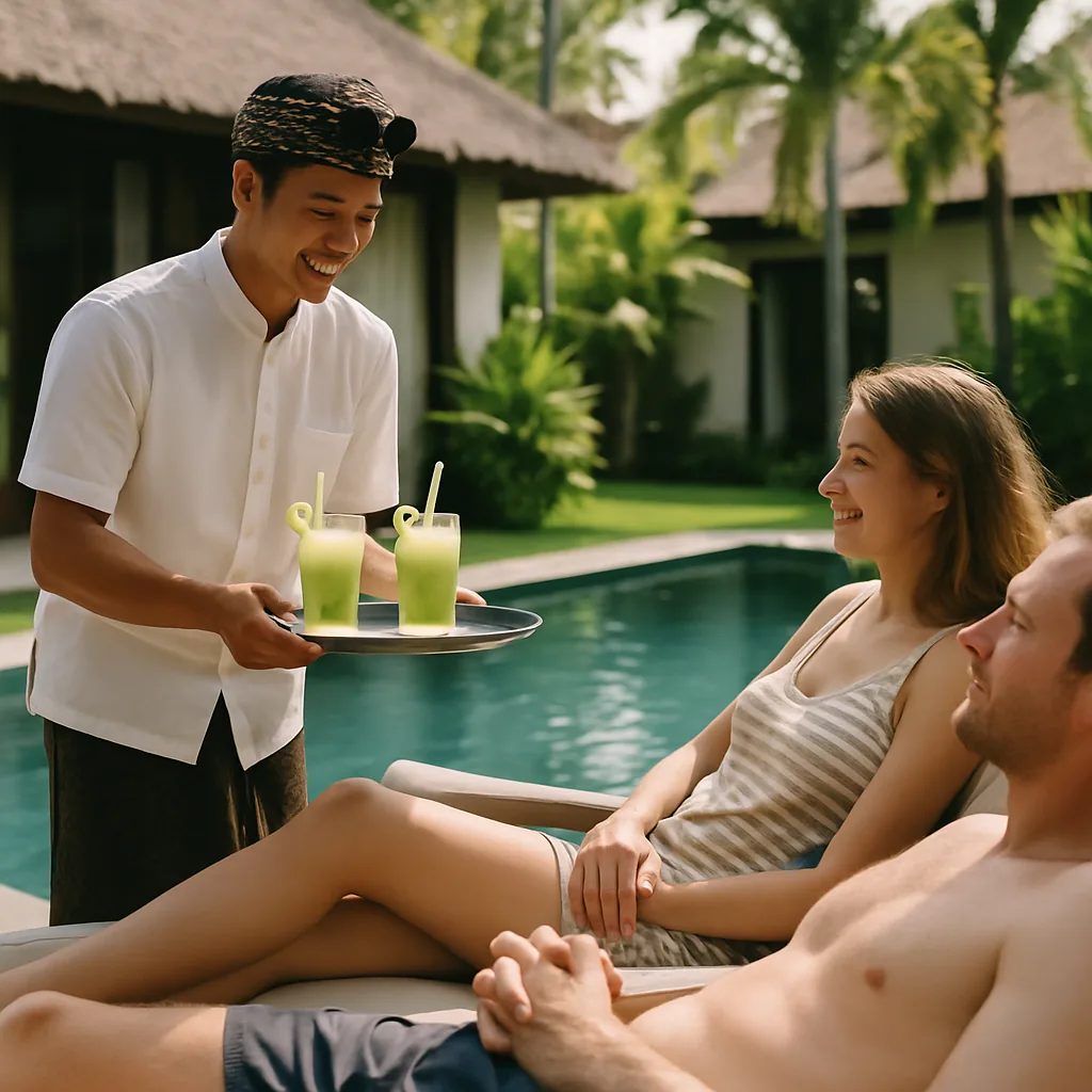 Balinese butler attending to guests by the Bali villa pool