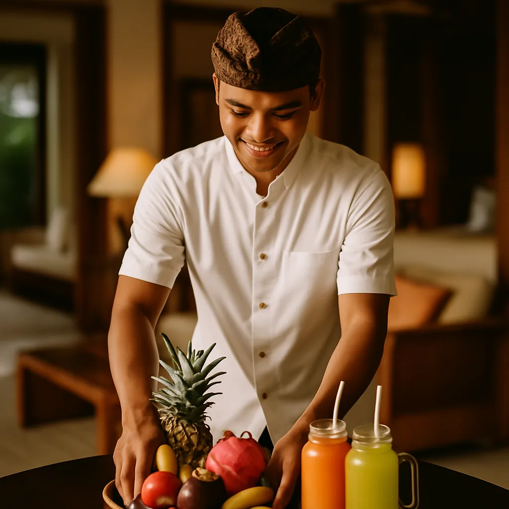 Balinese butler arranging a welcome amenity at a Bali villa